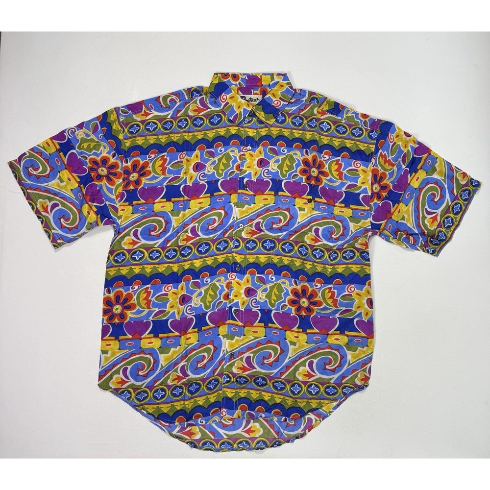 Vintage Protest Silk Shirt Mens XL Floral Abstract AOP Beach Art Ocean Party